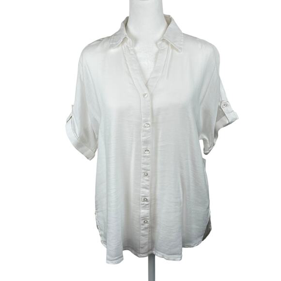 Gloria Vanderbilt White Cuffed Tab Short Sleeve V-Neck Tunic Top Small NWT - Picture 1 of 8
